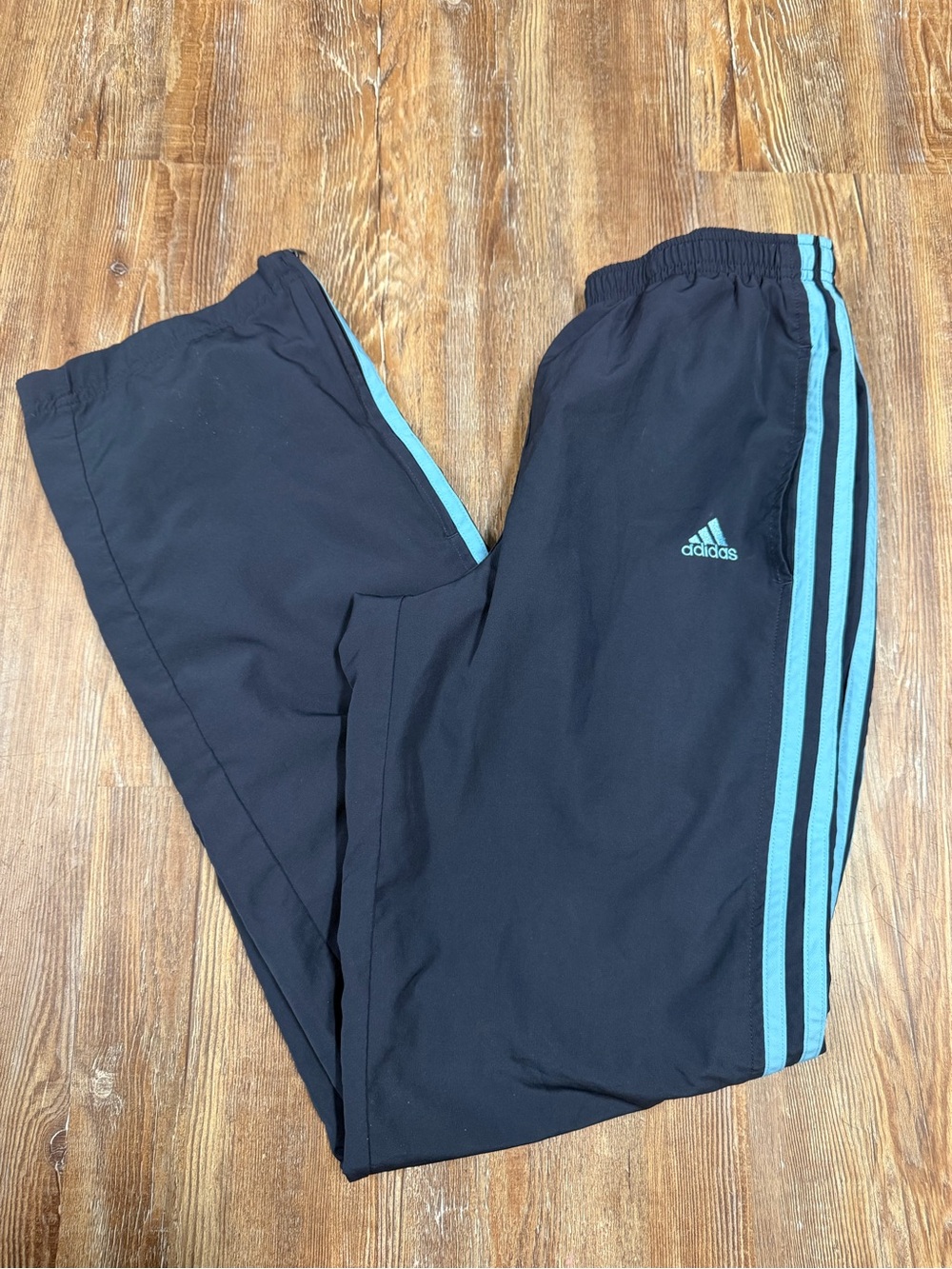 Y2K Adidas navy track pants with light blue stripes, size Small